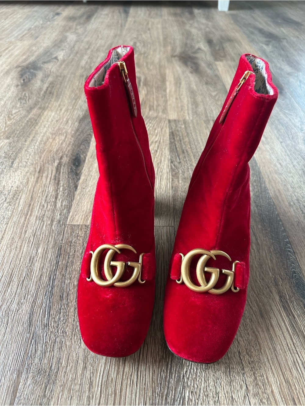 Gucci Red Velvet GG Marmont Ankle Boots with Gold Logo